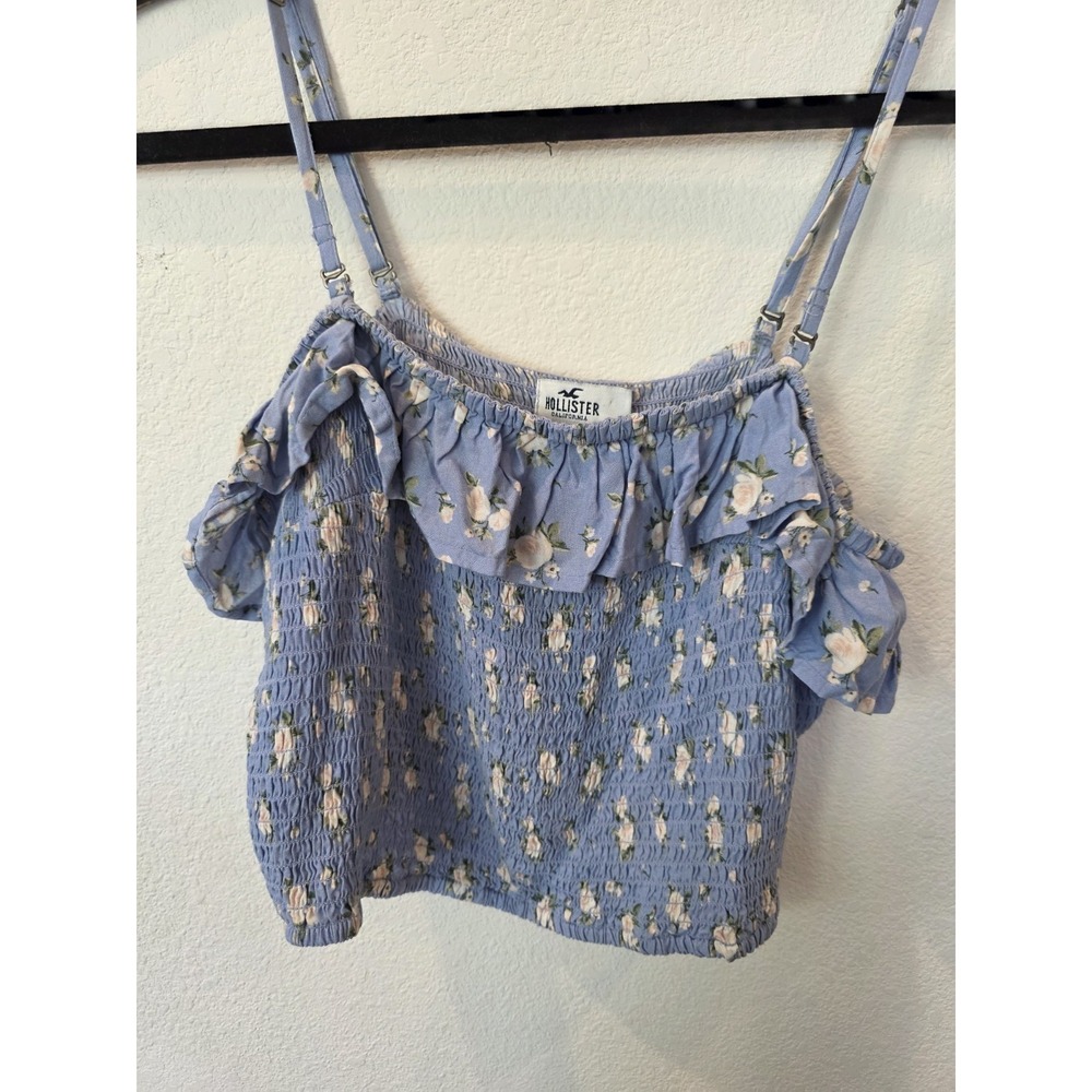 Hollister Floral Smocked Crop Top Sz L‎ Blue Convertible Straps Ruffles Festival